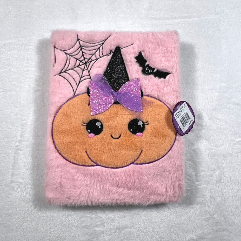 Kohls Pink Furry Pumpkin Witch Hat Plush Journal Halloween Notebook Pink Fuzzy